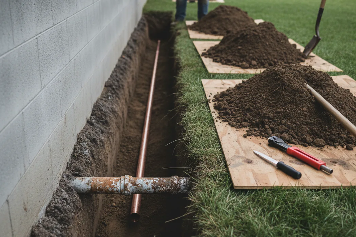 Excavated water line trench during Sewer Line Repair in Oaklyn
